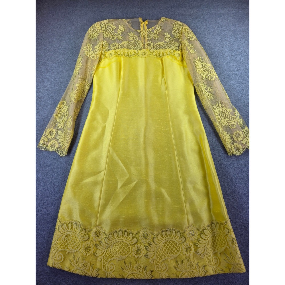 Vintage 60s Yellow Metallic Lace Shift Dress Retro Mod Long Sleeve Cocktail S/M